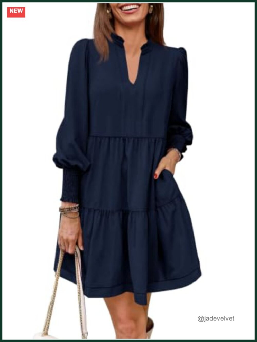 Women's Polyester Long Sleeve Tiered Ruffle V-Neck Casual Tunic Dress